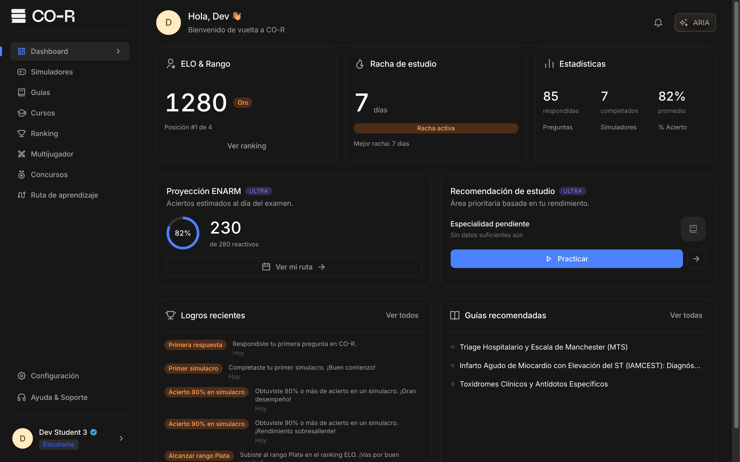 Dashboard de CO-R con la ruta de estudio adaptativa, métricas de avance y ranking ELO