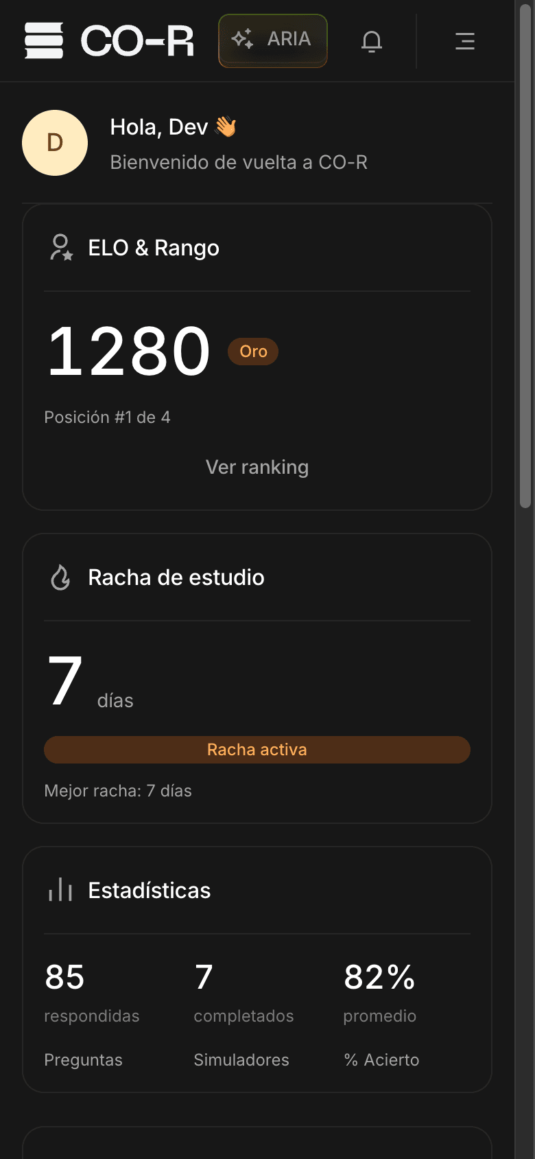 Dashboard de CO-R con la ruta de estudio adaptativa, métricas de avance y ranking ELO