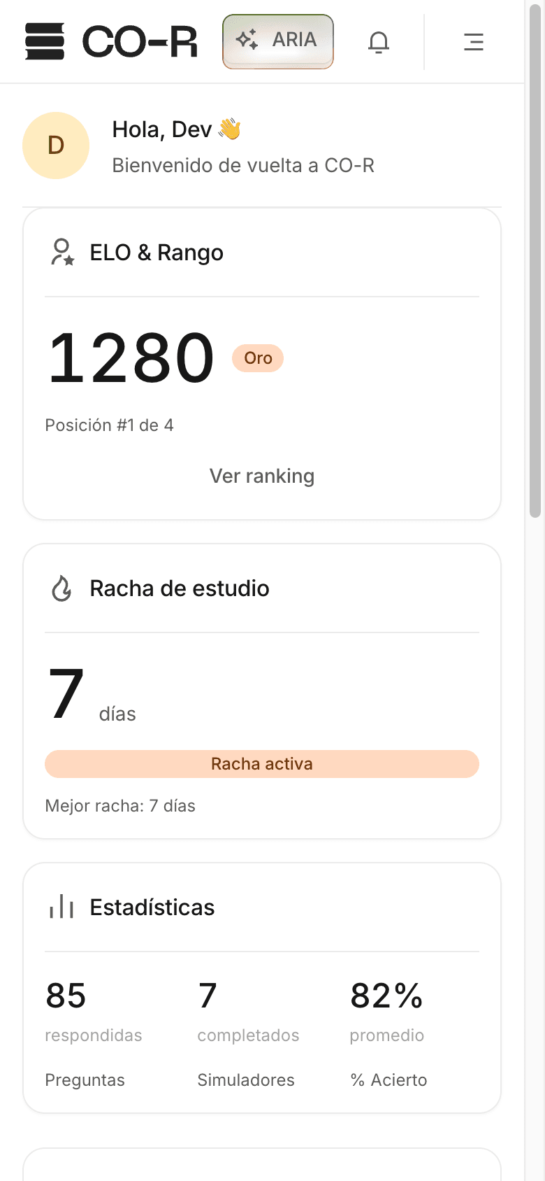 Dashboard de CO-R con la ruta de estudio adaptativa, métricas de avance y ranking ELO