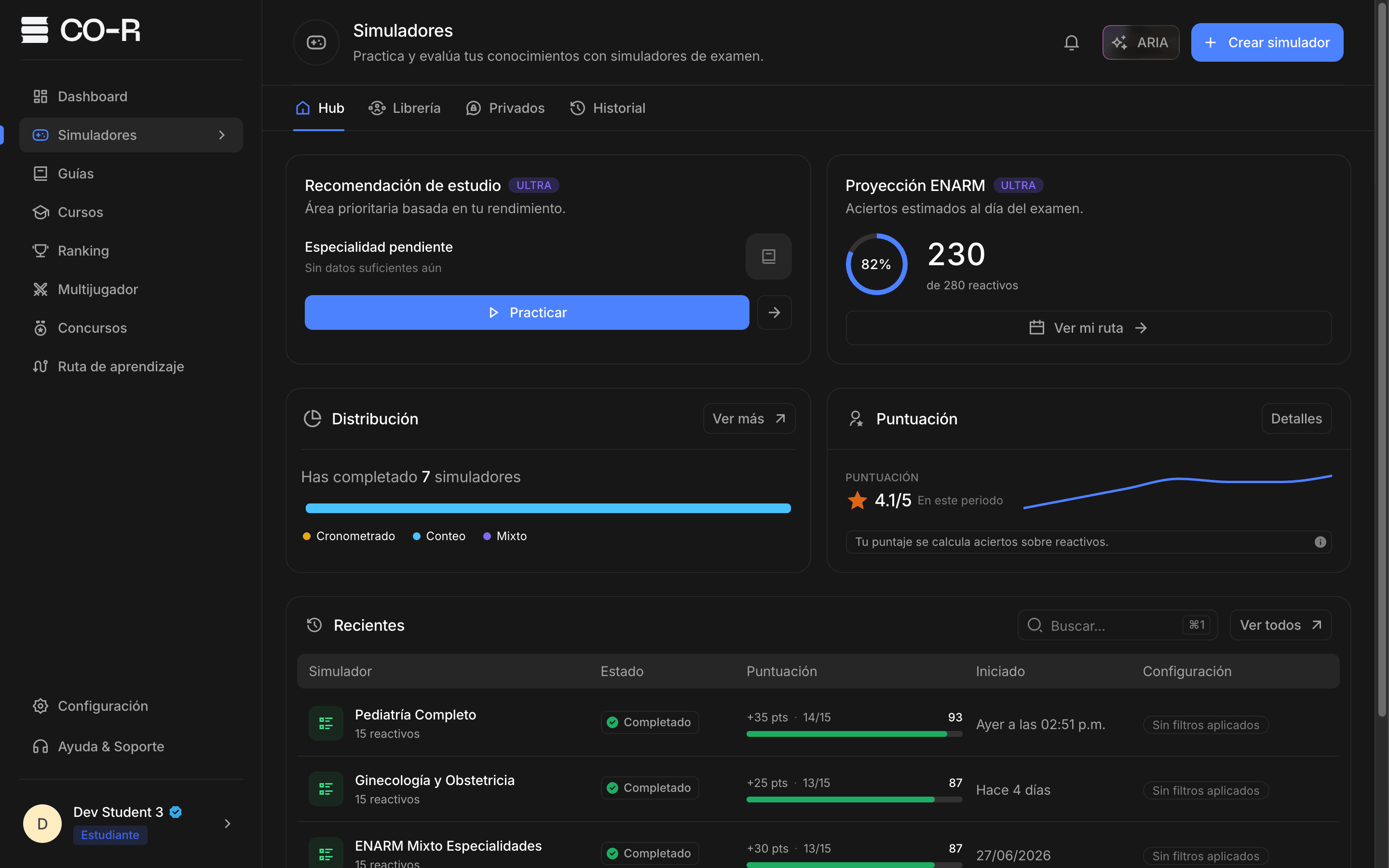 Hub de CO-R con simuladores y estadísticas