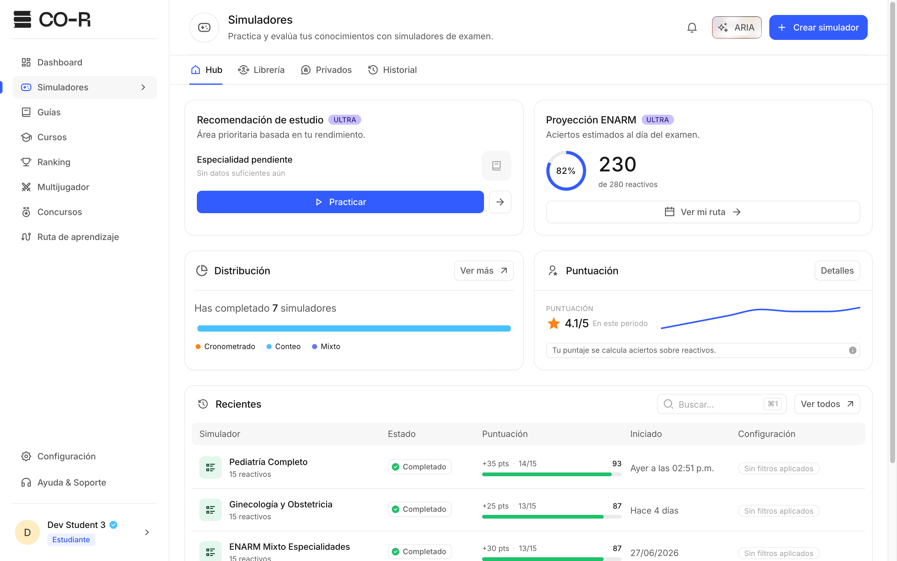 Hub de CO-R con simuladores y estadísticas
